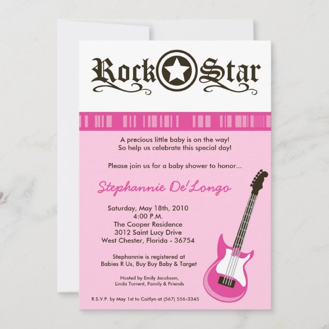 5x7 Girl Pink Rock Guitar Baby Shower Invitation (Front)