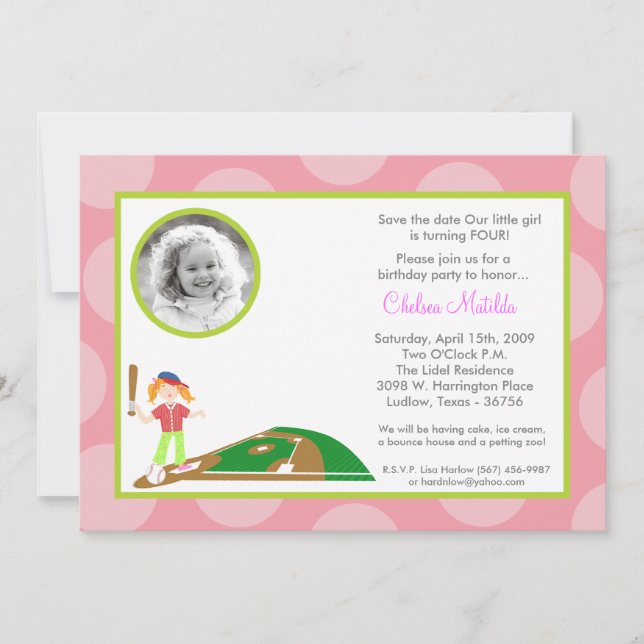 5x7 Girl Pink Soft Ball Birthday Shower Invitation (Front)