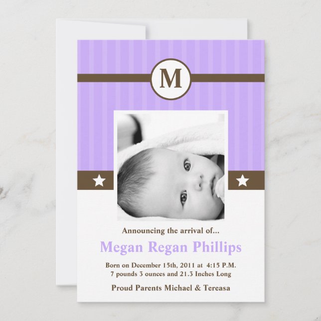 5x7 Girl Purple Monogram PHOTO Birth Announcement (Front)