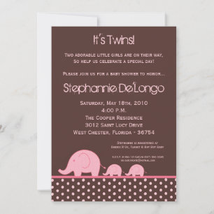 5x7 Girl Twins Mod Elephant Baby Shower Invitation