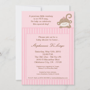 5x7 Girly Girl Pink Monkey Baby Shower Invitation