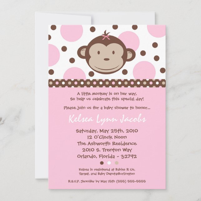 5x7 Girly Modern Mod Monkey Baby Shower Invitation (Front)
