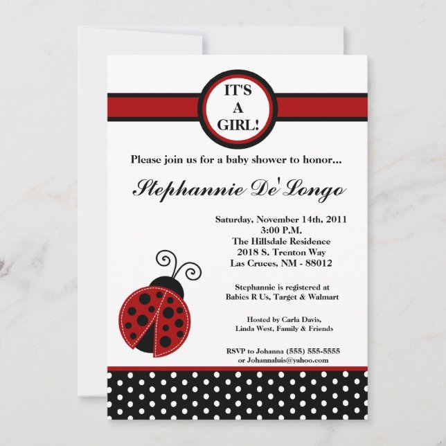 5x7 Girly Red Lady Bug Baby Shower Invitation (Front)