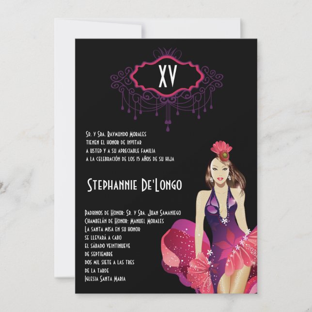 5x7 Glamour Girl Quinceanera Birthday Invitation (Front)