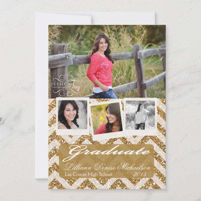 5x7 Gold Glitter Chevron Strip Senior Announcement (Front)