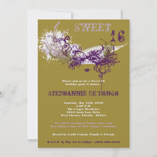 5x7 Gold Masquerade Sweet 16 Birthday Invitation (Front)