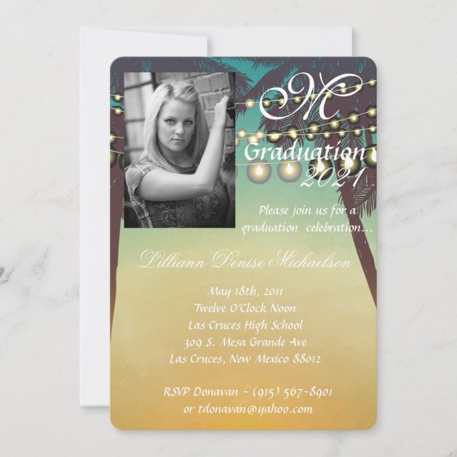 5x7 Graduation Part Invitation Beach Sunset Palm T (Front)