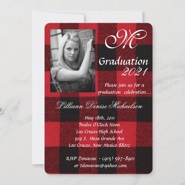 5x7 Graduation Part Invitation Red Buffalo Plaid (Front)