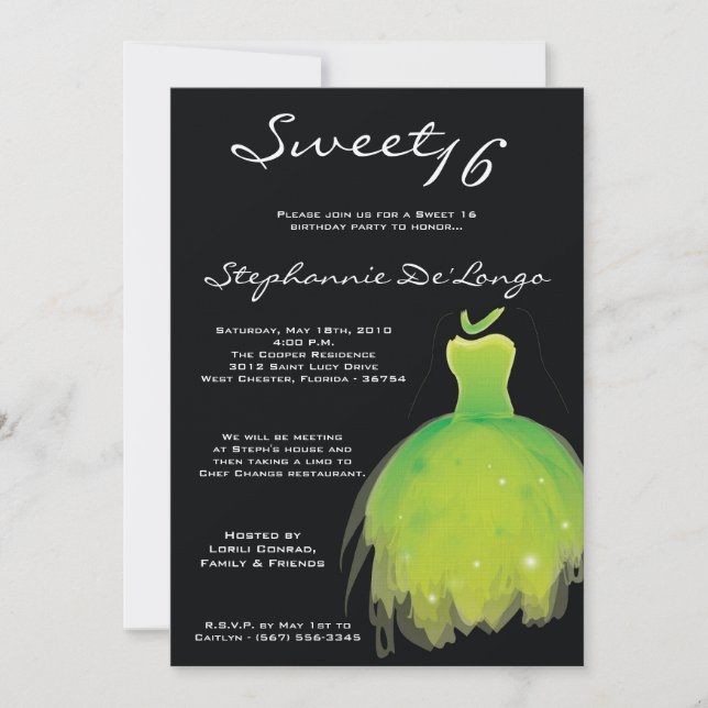 5x7 Green Dress Sweet 16 Birthday Invitation (Front)
