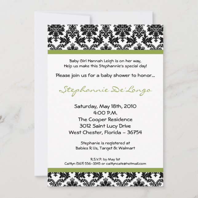 5x7 Green Lime Black Damask Baby Shower Invitation (Front)
