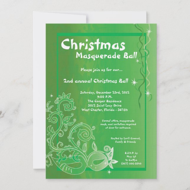 5x7 Green Masquerade Christmas Ball Invitation (Front)