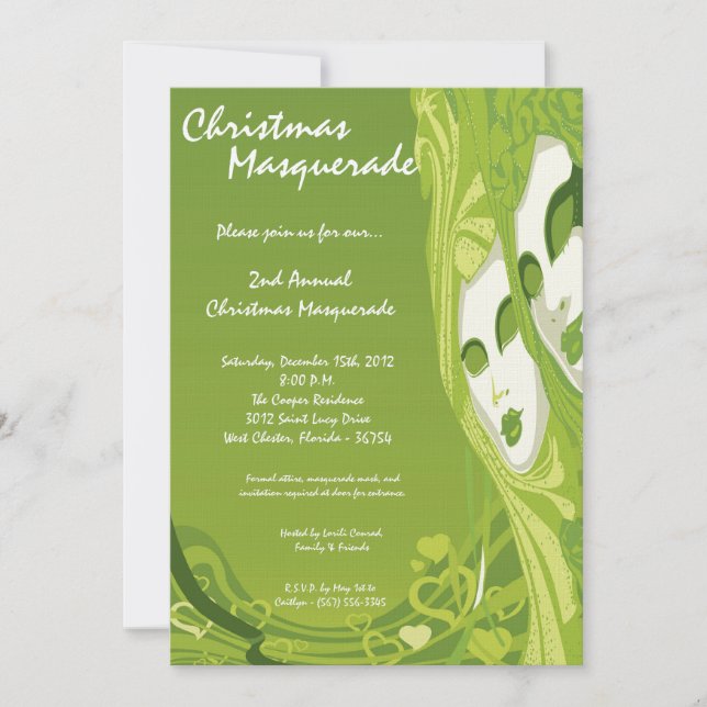 5x7 Green Masquerade Christmas XMAS Invitation (Front)