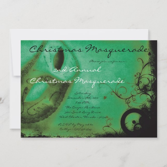 5x7 Green Masquerade Christmas XMAS Invitation (Front)