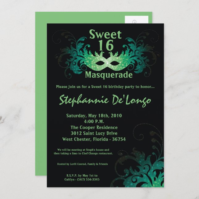 5x7 Green Masquerade Sweet 16 Birthday Invitation (Front/Back)