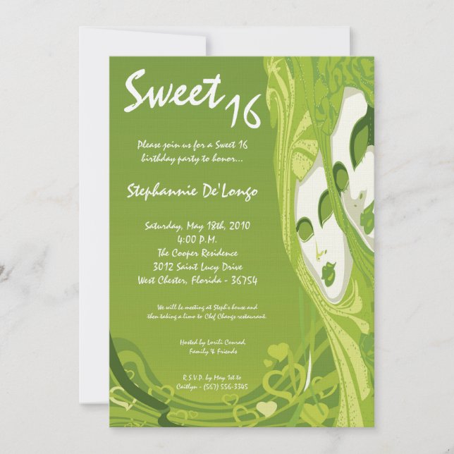 5x7 Green Masquerade Sweet 16 Birthday Invitation (Front)