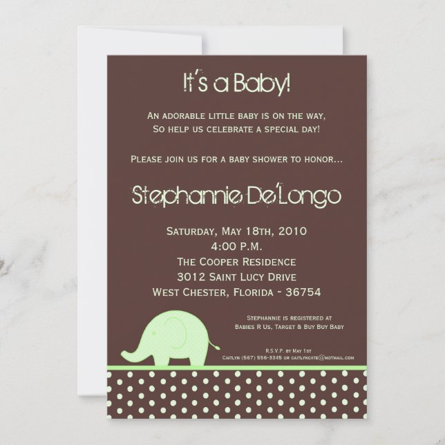 5x7 Green Neut Mod Elephant Baby Shower Invitation (Front)