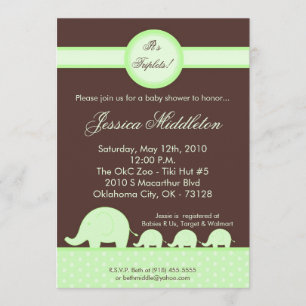5x7 Green Triplets Elephant Baby Shower Invitation