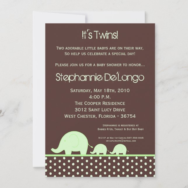 5x7 Green Twin Mod Elephant Baby Shower Invitation (Front)