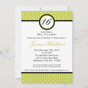 5x7 Green White Polka Dot 16th Birthday Invitation