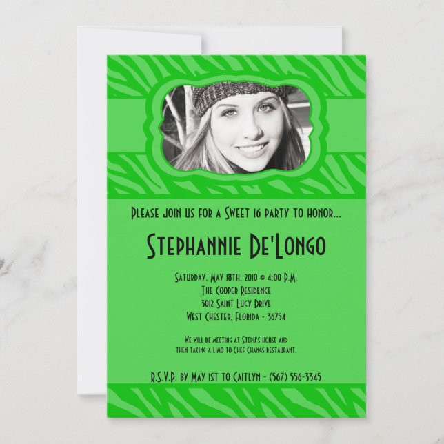 5x7 Green Zebra PHOTO Sweet 16 Birthday Invitation (Front)