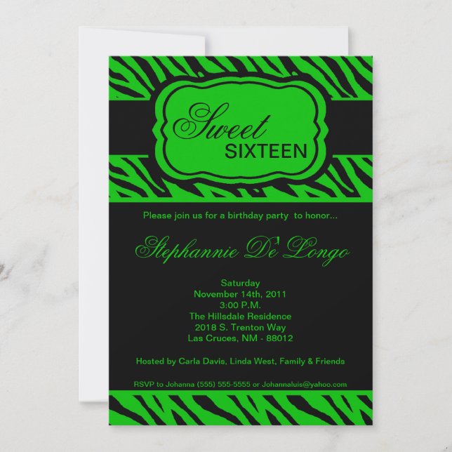 5x7 Green Zebra Print Birthday Party Invitation (Front)