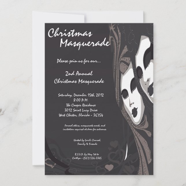 5x7 Grey Silver Masquerade Christmas Invitation (Front)