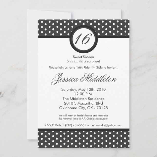 5x7 Grey White Polka Dot 16th Birthday Invitation (Front)