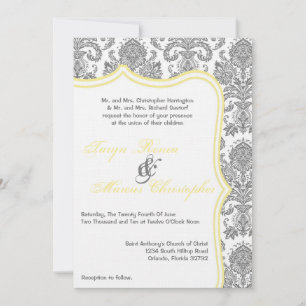 5x7 Grey Yellow Damask Lace Wedding Invitation
