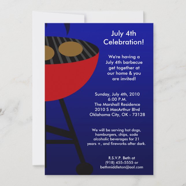 5x7 Grill Summer July 4th Barbecue Invitation (Front)