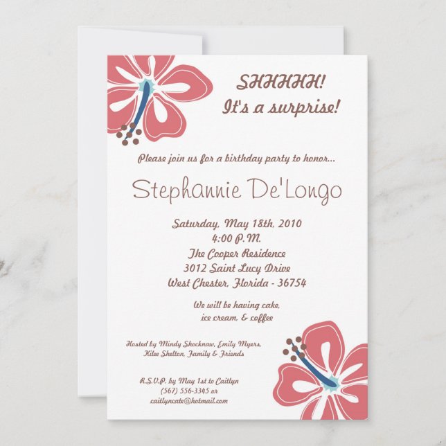 5x7 Hawaiian Hibiscus Flower Birthday Invitation (Front)
