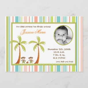 5x7 Hawaiian Luau Monkeys PHOTO Birth Announcement
