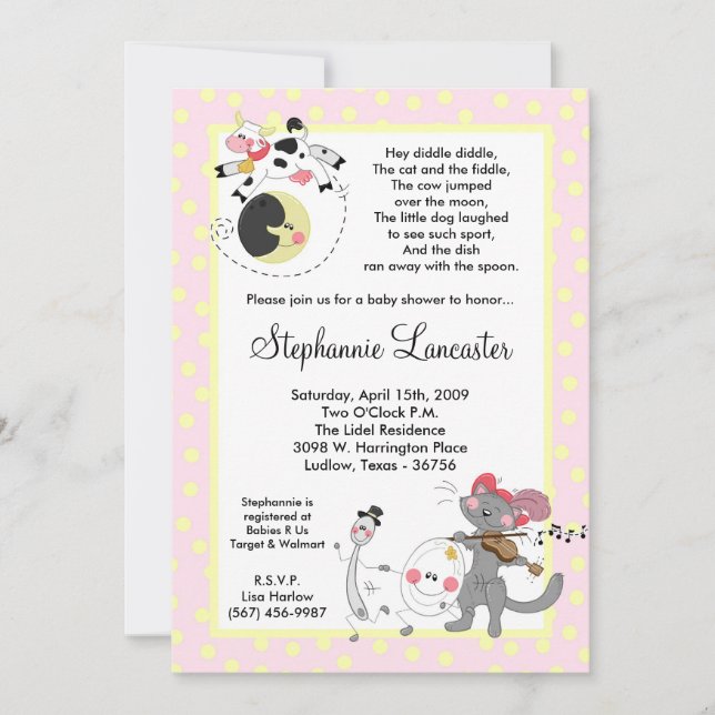 5x7 Hey Diddle Didd Nursery Baby Shower Invitation (Front)