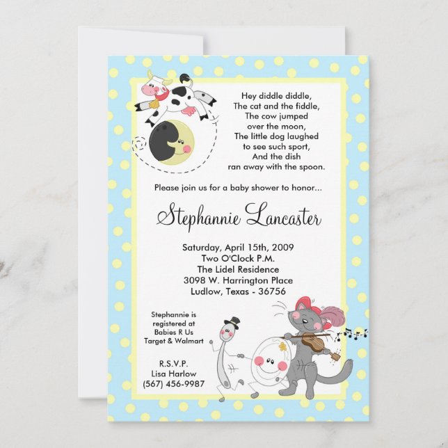 5x7 Hey Diddle Didd Nursery Baby Shower Invitation (Front)