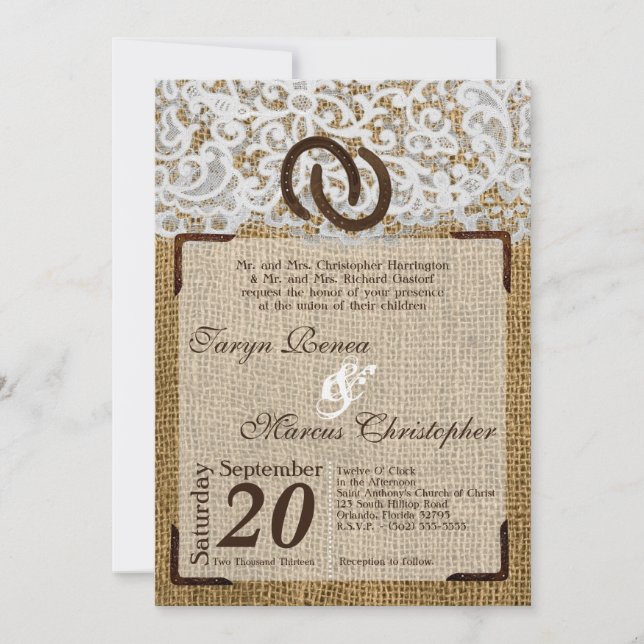 5x7 Horse Shoes on Burlap Lace Wedding Invitation (Front)