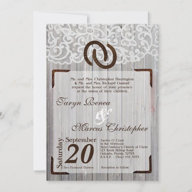 5x7 Horse Shoes on Wood Lace Wedding Invitation (Front)