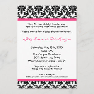 5x7 Hot Pink Black Damask Baby Shower Invitation