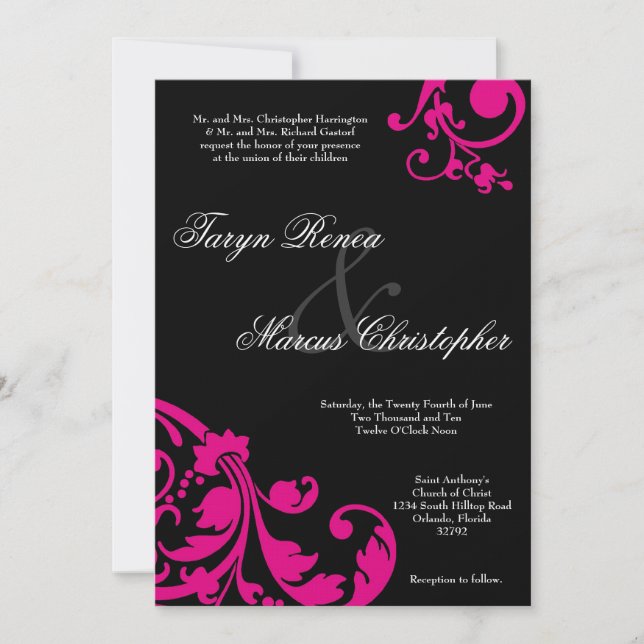 5x7 Hot Pink Black Floral Linen Wedding Invitation (Front)