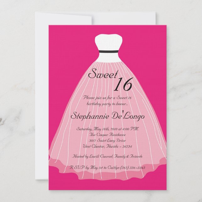5x7 Hot Pink Dress Sweet 16 Birthday Invitation (Front)