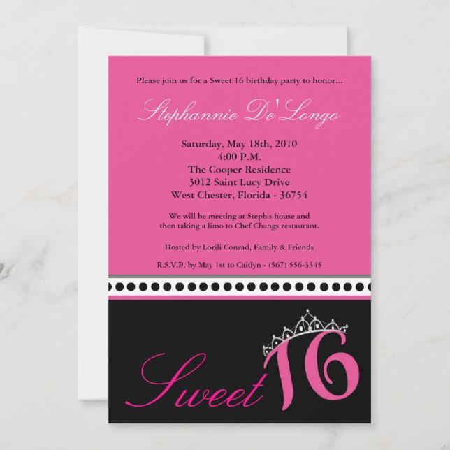 5x7 Hot Pink Tiara Sweet 16 Birthday Invitation (Front)