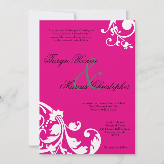 5x7 Hot Pink White Floral Linen Wedding Invitation (Front)