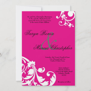 5x7 Hot Pink White Floral Linen Wedding Invitation
