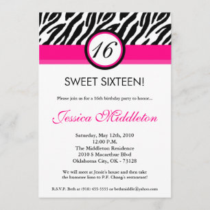 5x7 Hot Pink Zebra16th Birthday Invitation