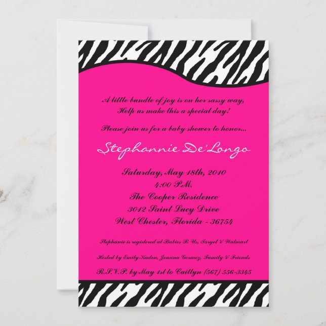 5x7 Hot Pink Zebra Print Baby Shower Invitation (Front)