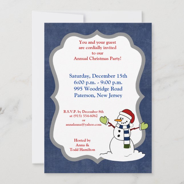 5x7 Jolly Winter Snowman Christmas Invitation (Front)