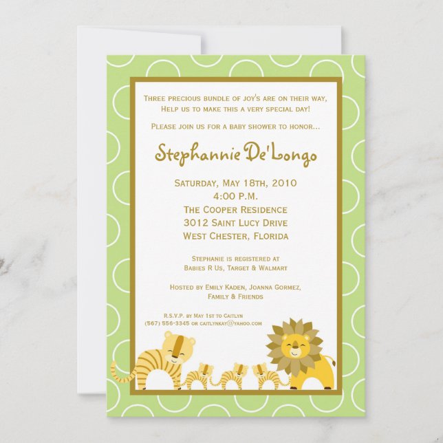 5x7 Jungle Girl TRIPLETS Baby Shower Invitation (Front)