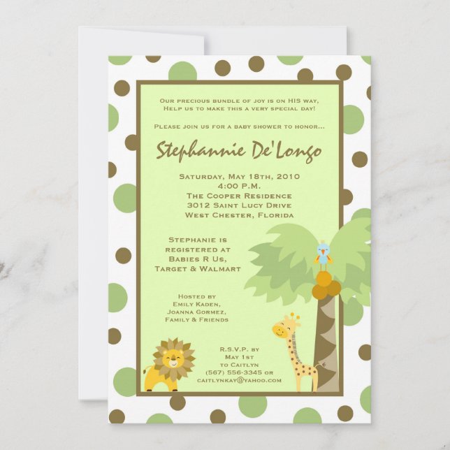 5x7 Jungle Safari Animal Baby Shower Invitation (Front)