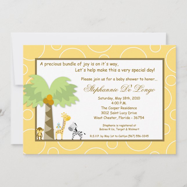 5x7 Jungle Safari Zoo Anima Baby Shower Invitation (Front)