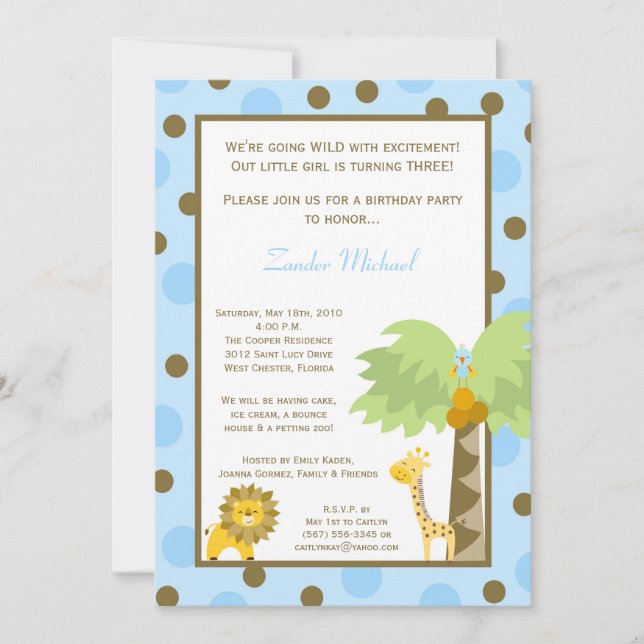 5x7 Jungle Safari Zoo Animal Birthday Invitation (Front)