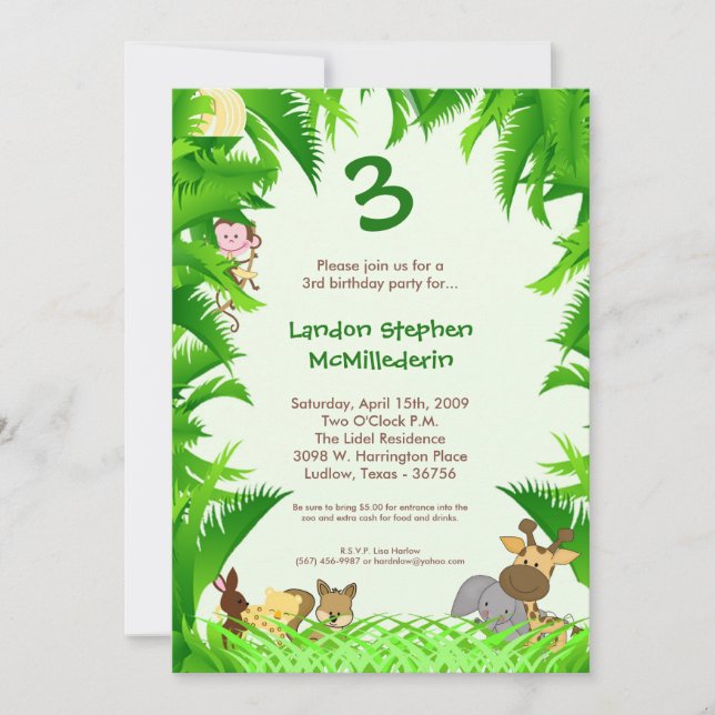 5x7 Jungle Safari Zoo Birthday Party Invitation (Front)