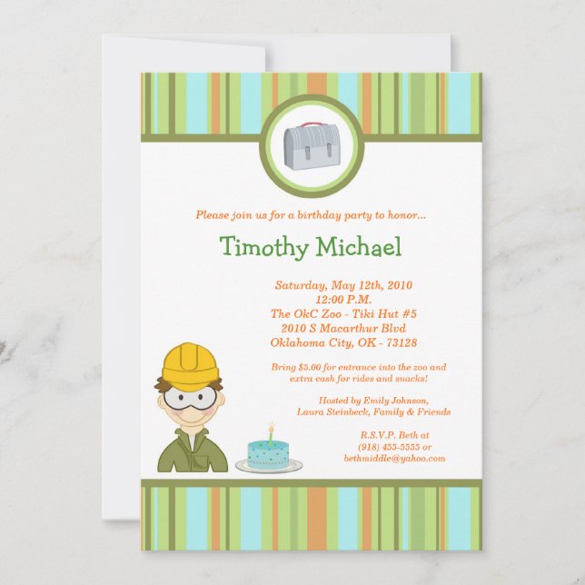5x7 Kid Boy Construction Birthday Party Invitation (Front)